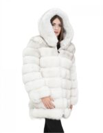 Long jacket with sleeves white 44 horizontal fox fur with leather and zip hood - Image 4