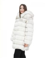 Long jacket with sleeves white 44 horizontal fox fur with leather and zip hood - Image 3