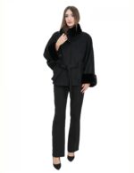 Black cape 44-52 wool blend fabric and mink fur collar magnetic closure with belt and pockets - Image 5