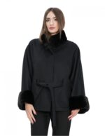 Mantellina nero 44-52 tessuto misto lana e collo pelliccia visone chiusura calamita e con cinta e tasche