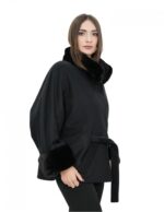 Black cape 44-52 wool blend fabric and mink fur collar magnetic closure with belt and pockets - Image 4