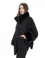 Black cape 44-52 wool blend fabric and mink fur collar magnetic closure with belt and pockets - Image 3