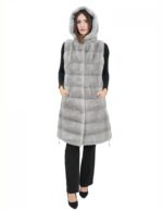 Gilet 94 cm grigio zaffiro visone orizzontale donna 42 pelliccia cappuccio coulisse