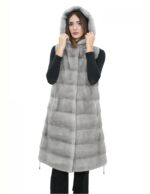 Gilet 94 cm grigio zaffiro visone orizzontale donna 42 pelliccia cappuccio coulisse