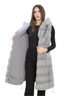 Gilet 94 cm grigio zaffiro visone orizzontale donna 42 pelliccia cappuccio coulisse
