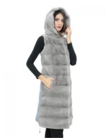 Gilet 94 cm grigio zaffiro visone orizzontale donna 50 pelliccia cappuccio coulisse