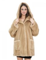 Cappotto pelliccia visone palomino 46 pelle intera cappuccio zip sui lati e ganci