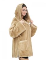 Cappotto pelliccia visone palomino 46 pelle intera cappuccio zip sui lati e ganci