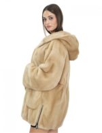 Cappotto pelliccia visone palomino 46 pelle intera cappuccio zip sui lati e ganci