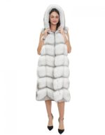 Long vest in white ice fox fur 50 with hood and suede 112 cm - Image 5