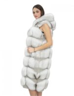 Long vest in white ice fox fur 50 with hood and suede 112 cm - Image 3