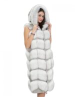 Lange Weste aus weißem Eisfoxfell 46 mit Kapuze und Wildleder 112cm – Bild 4