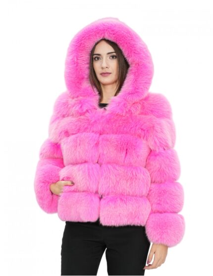 Giacca in volpe orizzontale 44 fucsia rosa acceso cappuccio pelliccia donna con ganci a maniche lunghe