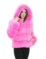 Women's Horizontal Fox Jacket 44 Fuchsia Bright Pink Fur Hood with Long Sleeve Hooks - Image 4