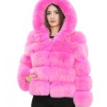 Giacca in volpe orizzontale 48 fucsia rosa acceso cappuccio pelliccia donna con ganci a maniche lunghe