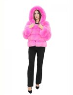 Women's Horizontal Fox Jacket 48 Fuchsia Bright Pink Fur Hood with Long Sleeve Hooks - Image 5