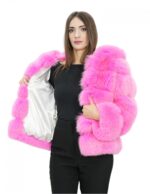Women's Horizontal Fox Jacket 44 Fuchsia Bright Pink Fur Hood with Long Sleeve Hooks - Image 7