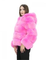 Women's Horizontal Fox Jacket 48 Fuchsia Bright Pink Fur Hood with Long Sleeve Hooks - Image 3