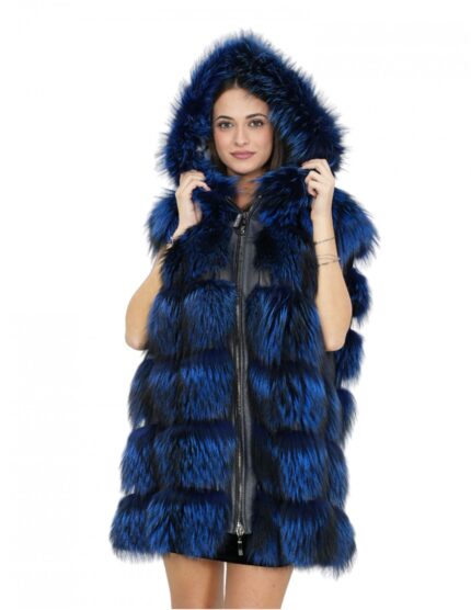 Gilet chiusura zip volpe colore blu elettrico 52 lungo 90 cm cappuccio tasche esterne zip laterali