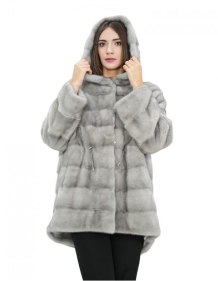 Cappotto mongomery donna 76 cm pelliccia visone zaffiro 52 coulisse vita e fondo cappuccio