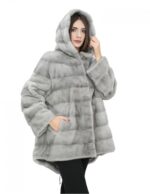 Damen Mongomery Mantel 76 cm Saphir Nerz Pelz 52 Kordelzug in der Taille und Kapuze unten – Bild 4