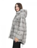 Damen Mongomery Mantel 76 cm Saphir Nerz Pelz 52 Kordelzug in der Taille und Kapuze unten – Bild 3