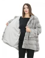 Damen Mongomery Mantel 76 cm Saphir Nerz Pelz 52 Kordelzug in der Taille und Kapuze unten – Bild 7