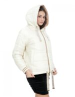Reversible short down jacket in real 42 beige and brown down jacket, long sleeves and hood, external pockets - Image 4