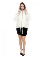 Reversible short down jacket in real 46 beige and brown feathers, long sleeves and hood, external pockets - Image 5