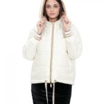 Piumino corto reversibile in vera piuma 46 beige e marrone manica lunga e cappuccio tasche esterne