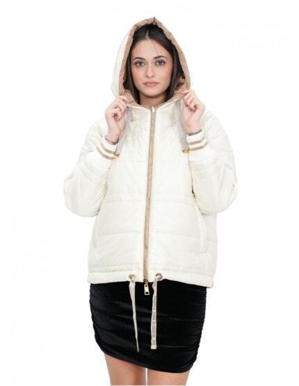 Piumino corto reversibile in vera piuma 46 beige e marrone manica lunga e cappuccio tasche esterne