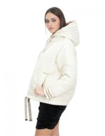 Reversible short down jacket in real 46 beige and brown feathers, long sleeves and hood, external pockets - Image 3