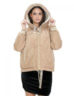 Reversible short down jacket in real 46 beige and brown feathers, long sleeves and hood, external pockets - Image 8