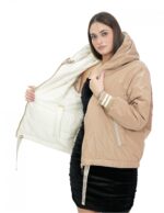 Reversible short down jacket in real 42 beige and brown down jacket, long sleeves and hood, external pockets - Image 13