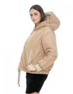 Reversible short down jacket in real 46 beige and brown feathers, long sleeves and hood, external pockets - Image 9