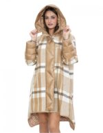 Cappotto lana e piumino lungo 100 cm 50 marrone fantasia quadri mod campana chiusura bottoni e zip