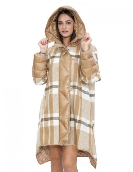 Cappotto lana e piumino lungo 100 cm 50 marrone fantasia quadri mod campana chiusura bottoni e zip