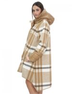 Wool and down jacket coat 100 cm long 50 brown patterned checks mod bell button and zip closure - Image 3