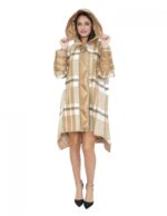 Wool and down jacket coat 100 cm long 50 brown patterned checks mod bell button and zip closure - Image 5