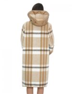 Wool and down jacket coat 100 cm long 50 brown patterned checks mod bell button and zip closure - Image 6
