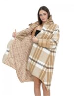 Wool and down jacket coat 100 cm long 50 brown patterned checks mod bell button and zip closure - Image 7