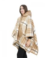 Wool cape poncho with brown down inserts, check pattern, hooded and button closure, external pockets - Image 3