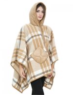 Wool cape poncho with brown down inserts, check pattern, hooded and button closure, external pockets - Image 4