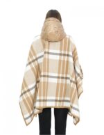 Wool cape poncho with brown down inserts, check pattern, hooded and button closure, external pockets - Image 5