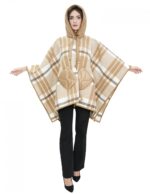 Wool cape poncho with brown down inserts, check pattern, hooded and button closure, external pockets - Image 6