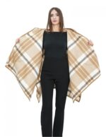 Wool cape poncho with brown down inserts, check pattern, hooded and button closure, external pockets - Image 8