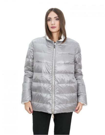 Piumino in vera piuma reversibile 48 grigio e bianco collo pistagna manica lunga tasca invisibile