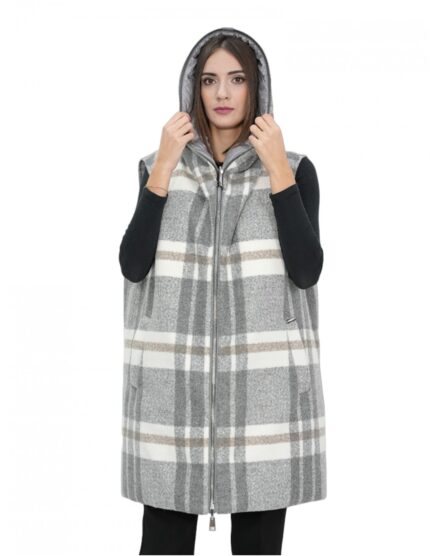 Smanicato gilet reversibile 48 grigio in lana con fantasia a quadri da un lato e dall'altro in piumino con cappuccio e zip