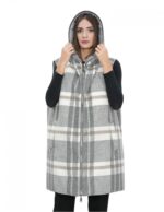 Smanicato gilet reversibile 52 grigio in lana con fantasia a quadri da un lato e dall'altro in piumino con cappuccio e zip