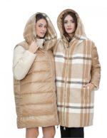 Reversible real down jacket 50 brown and beige collar with piping and long sleeves with invisible pocket - Image 15